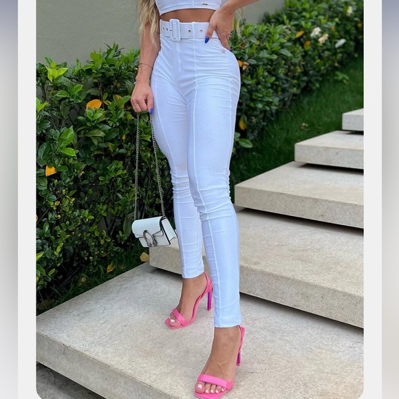 S-M-L White High Waist Pants w/Belt Tummy Control Linen Elegant Slim Fit #129-1 - Picture 4 of 9